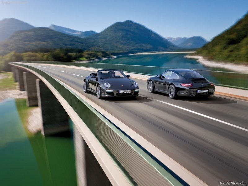 Porsche cars on a scenic bridge