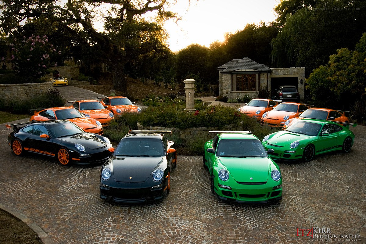 Porsche collection at sunset