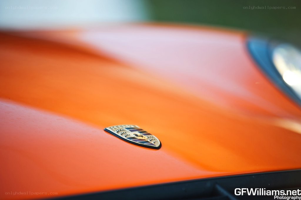 Porsche emblem on orange car