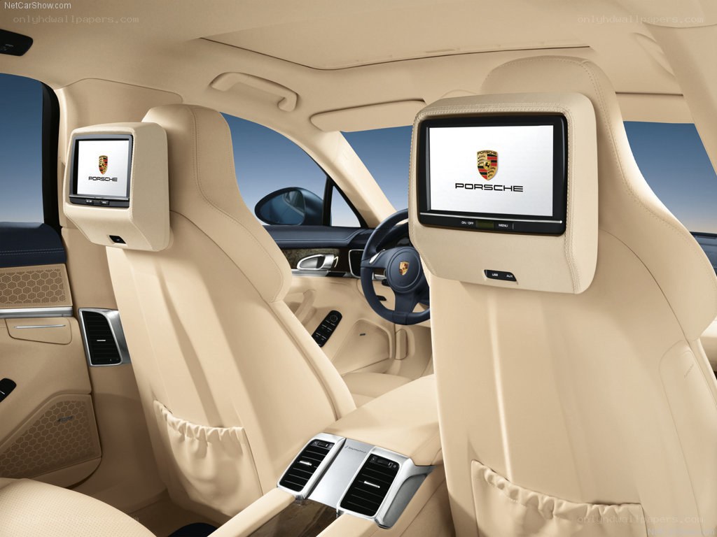 Porsche interior with headrest screens