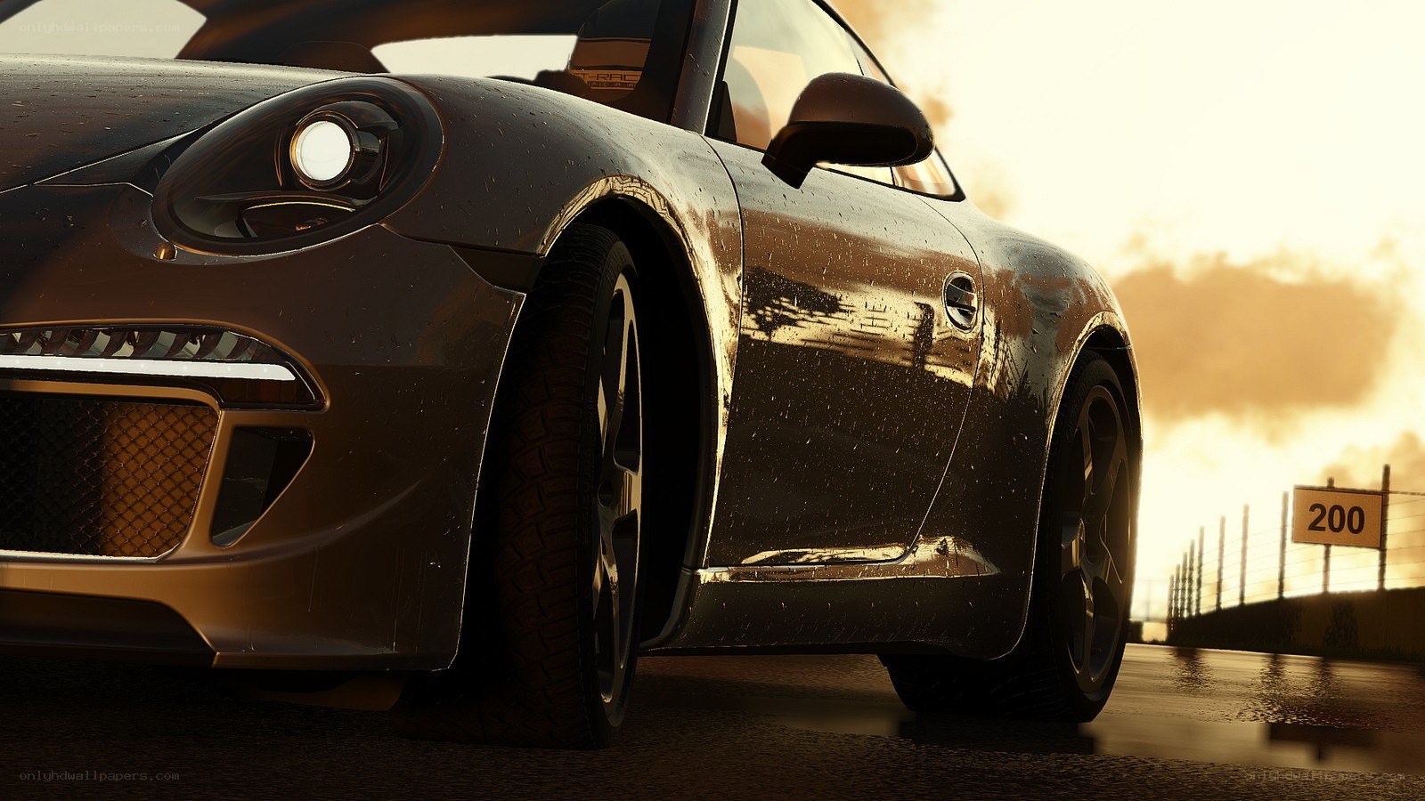 Porsche on wet racetrack