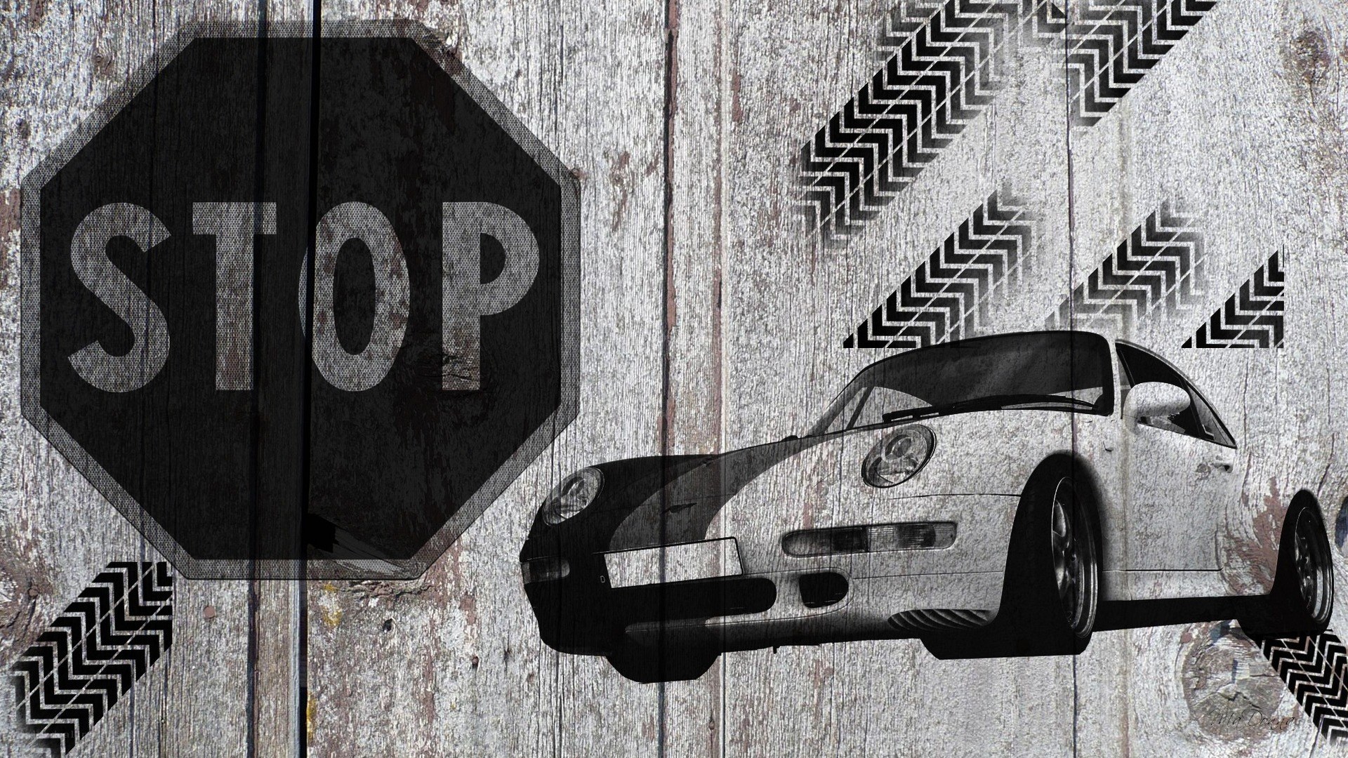 Porsche on wooden wall