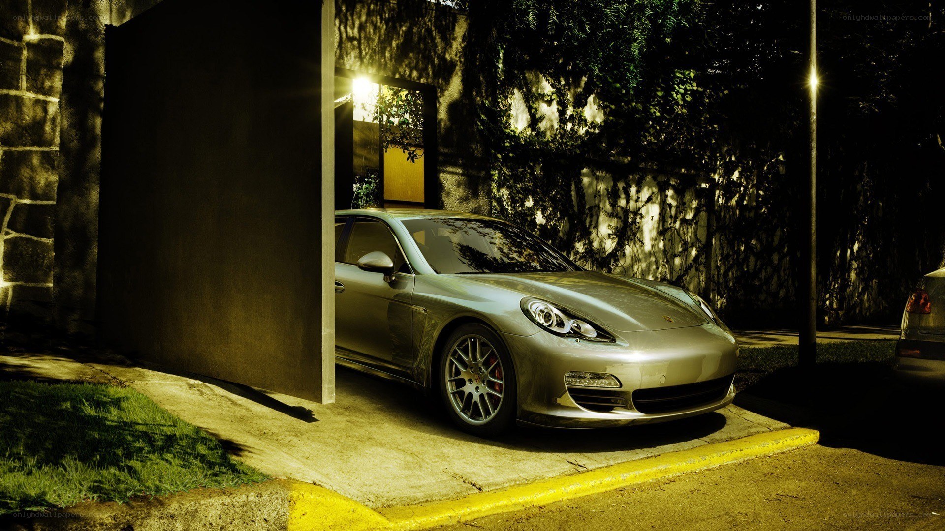 Porsche parked at night