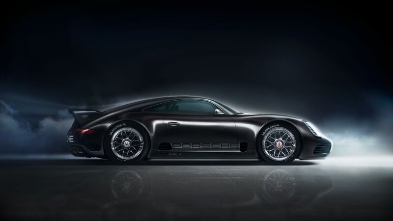 Porsche race car in smoke