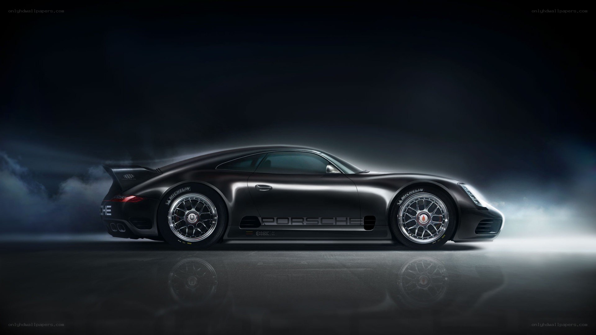 Porsche race car in smoke