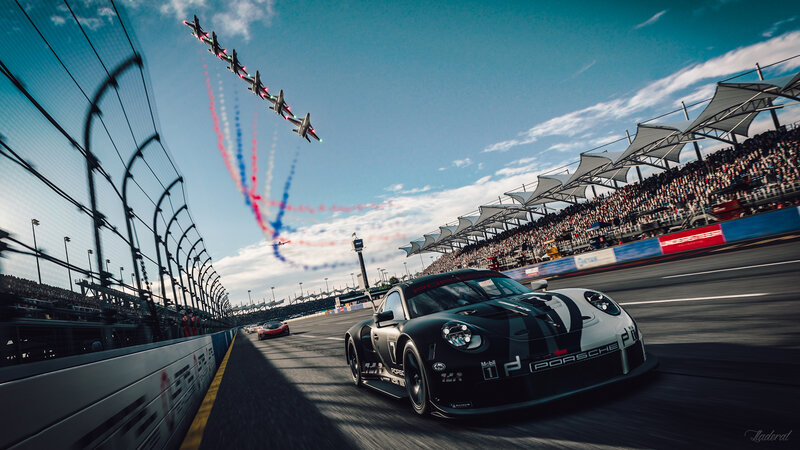 Porsche Race Car on Track — Black, Dynamic