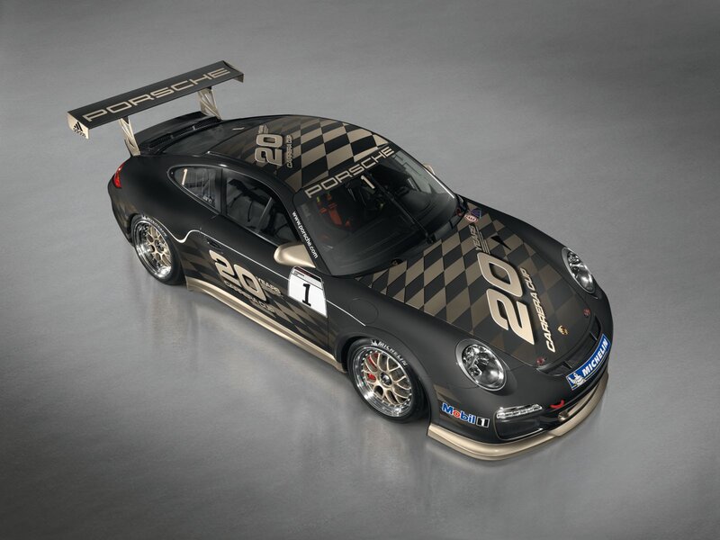 Porsche race car with checkered livery