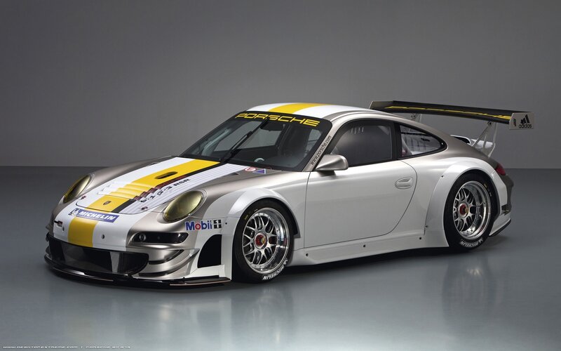 Porsche race car with sponsor decals