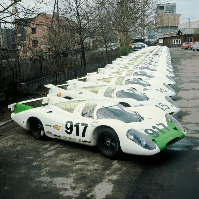 Porsche race cars lined up