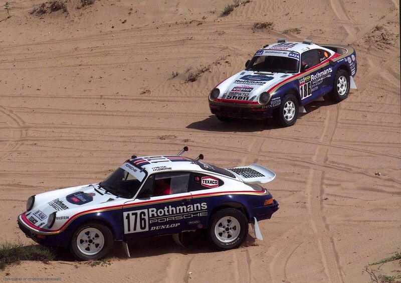 Porsche rally cars in desert