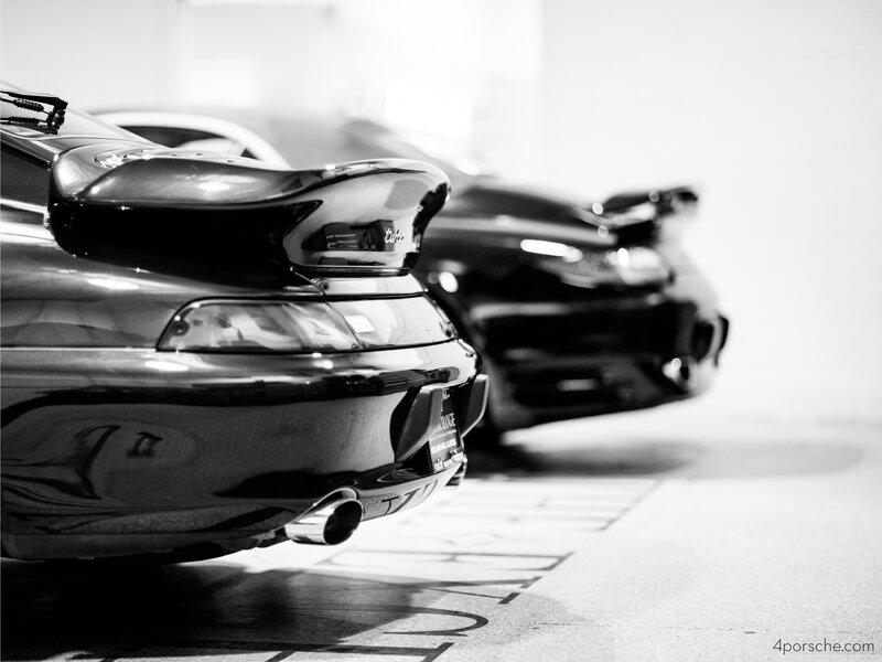 Porsche rear view in black and white