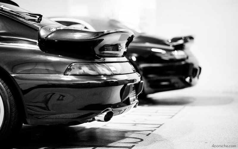 Porsche rear view in black and white