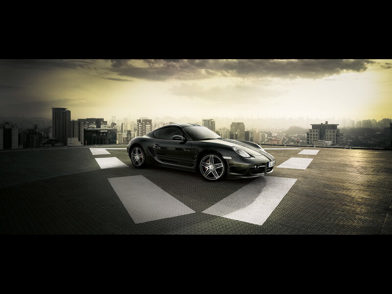 Porsche sports car on rooftop