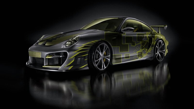 Porsche sports car with custom graphics