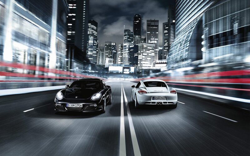 Porsche sports cars in city