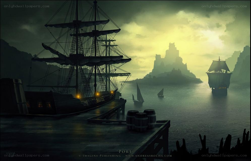 Port at Dusk with Ships