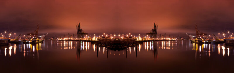Port at Night — Orange, Dramatic, Photograph, Cranes, Lights