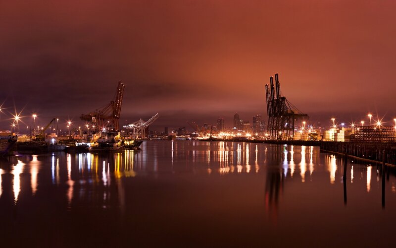 Port at Night — Orange, Dramatic, Photograph, Cranes