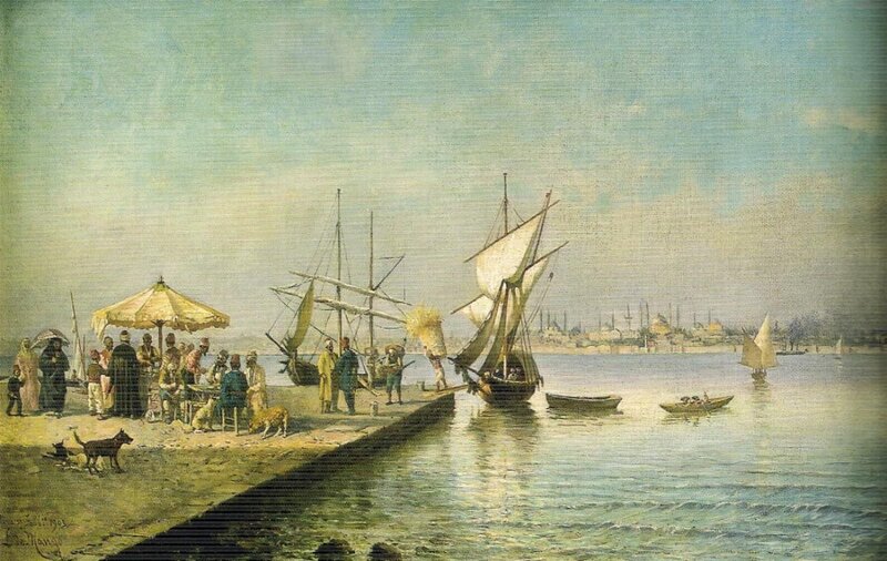 Port scene with boats and people