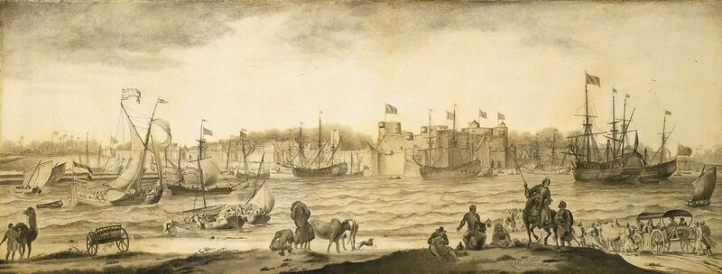 Port scene with ships and fort