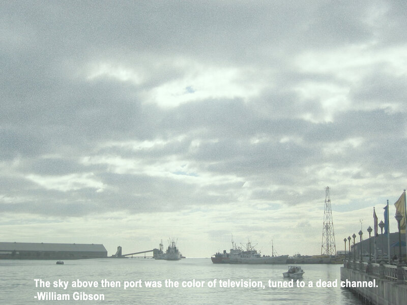 port under cloudy sky