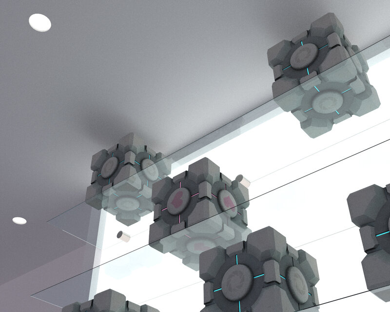 Portal cubes on glass shelf