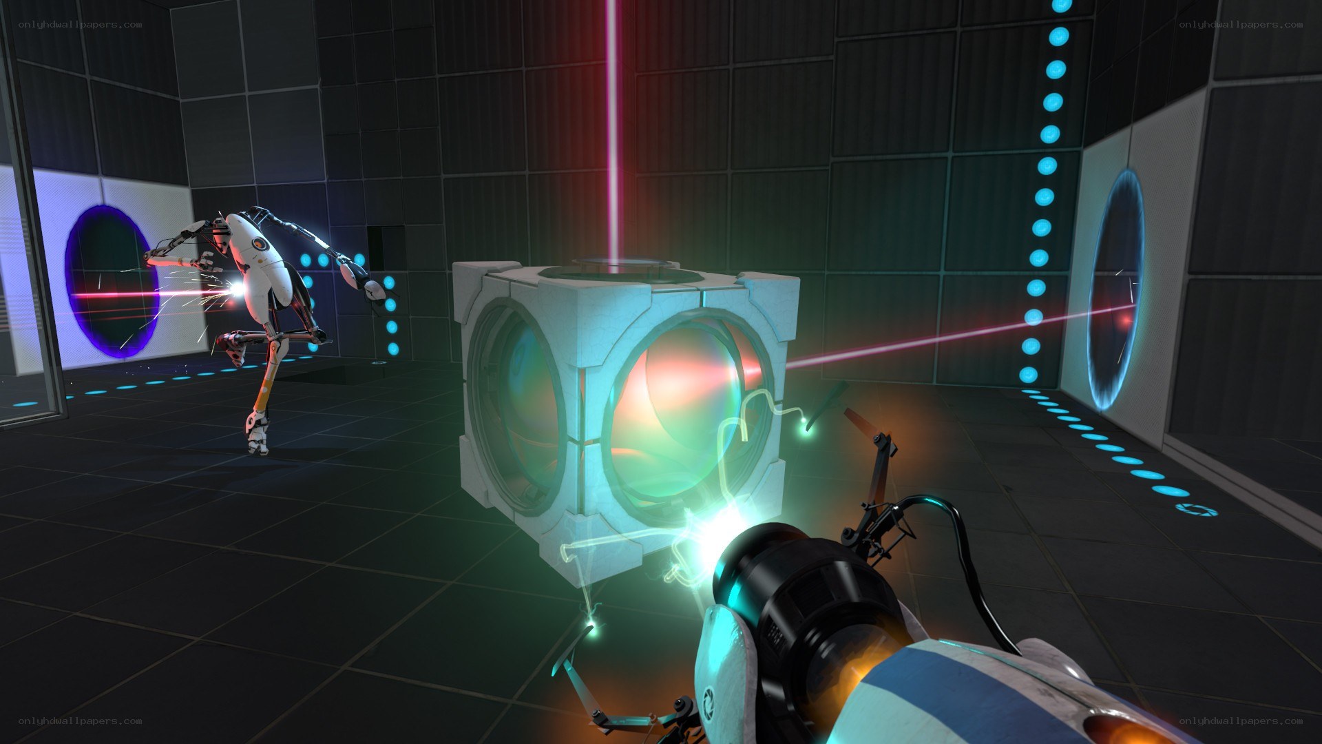 Portal gameplay with robot and cubes