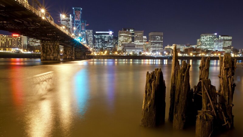 Portland Skyline at Night — Blue, Calm