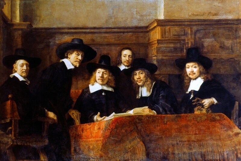 Portrait of six men in a room