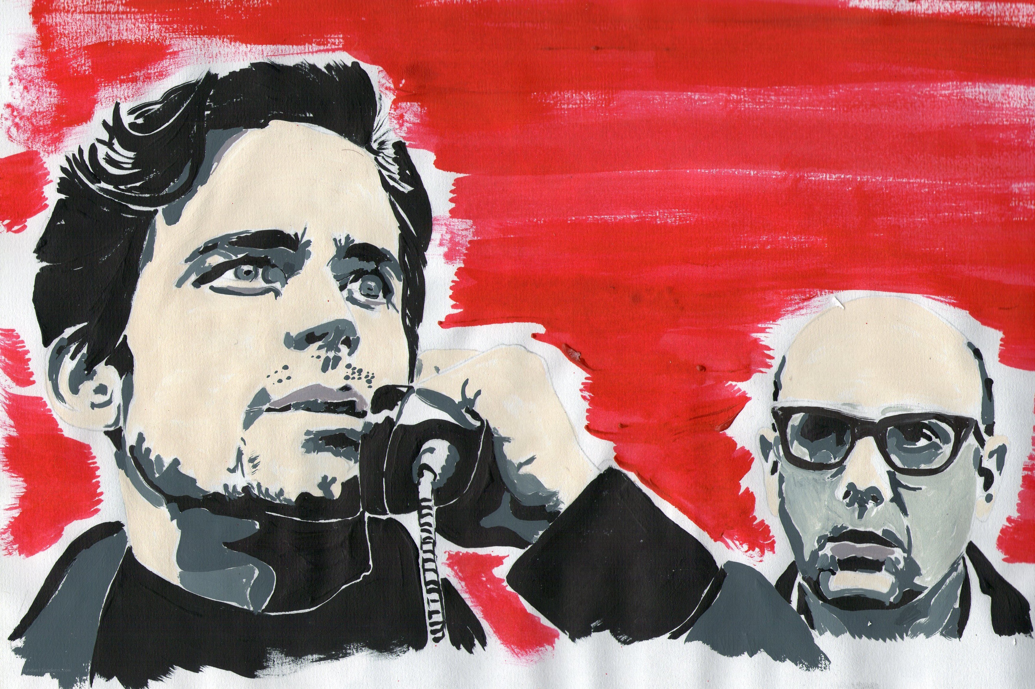 Portrait of two men in red