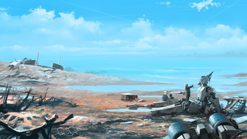 Post-apocalyptic beach wreckage