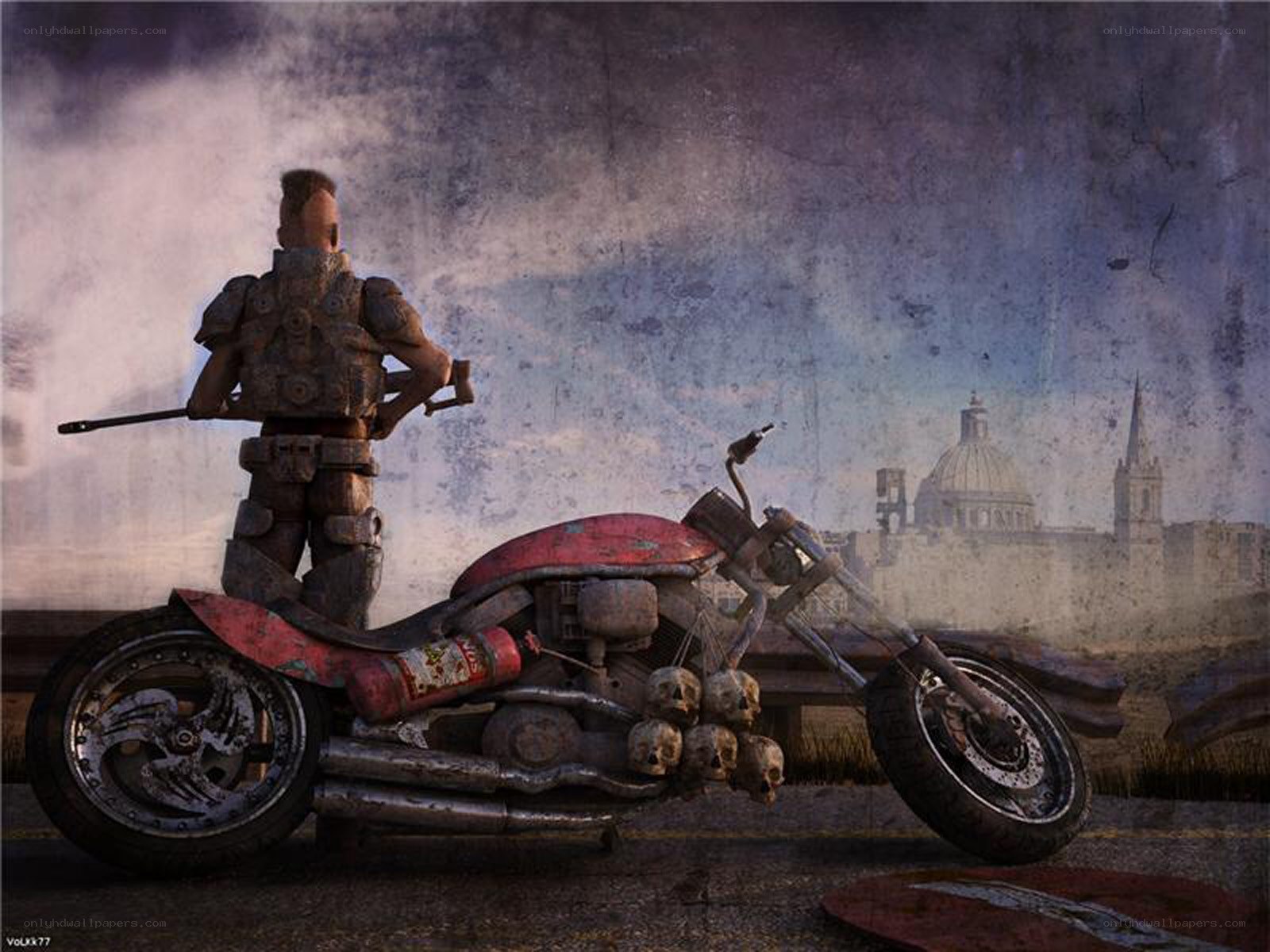 post-apocalyptic biker with skulls