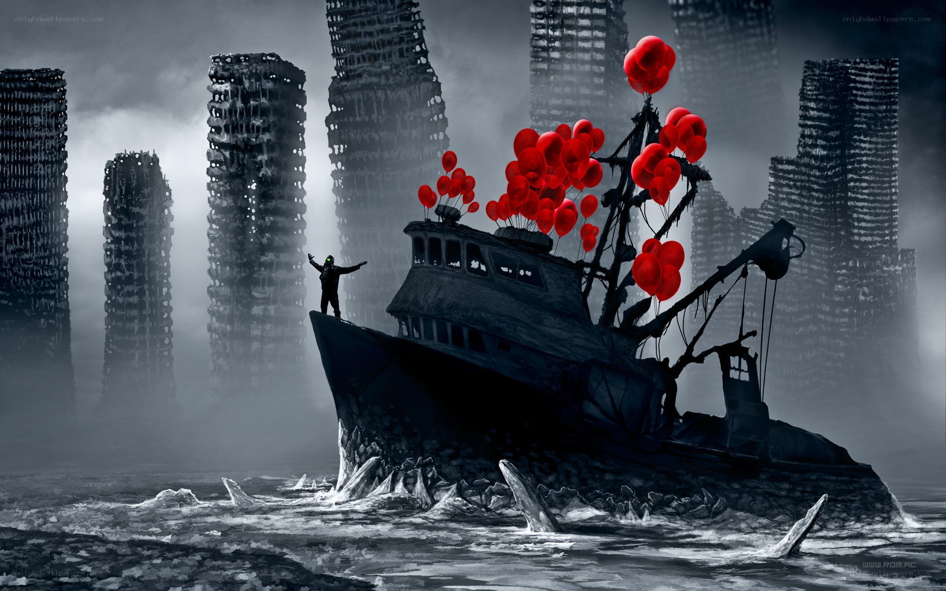 Post-apocalyptic boat with red balloons