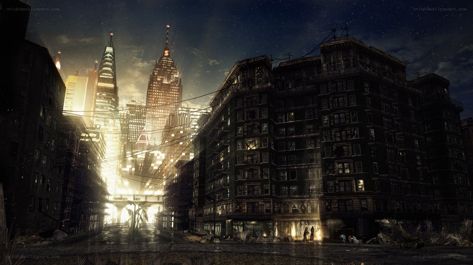 Post-apocalyptic city at night