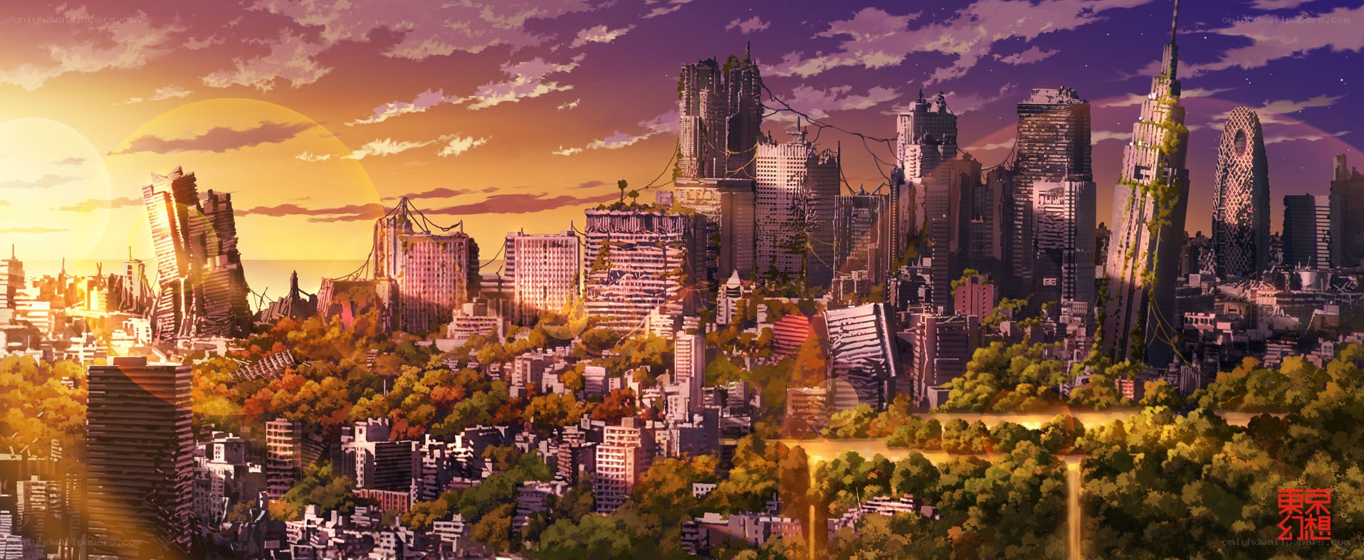Post-apocalyptic city at sunset