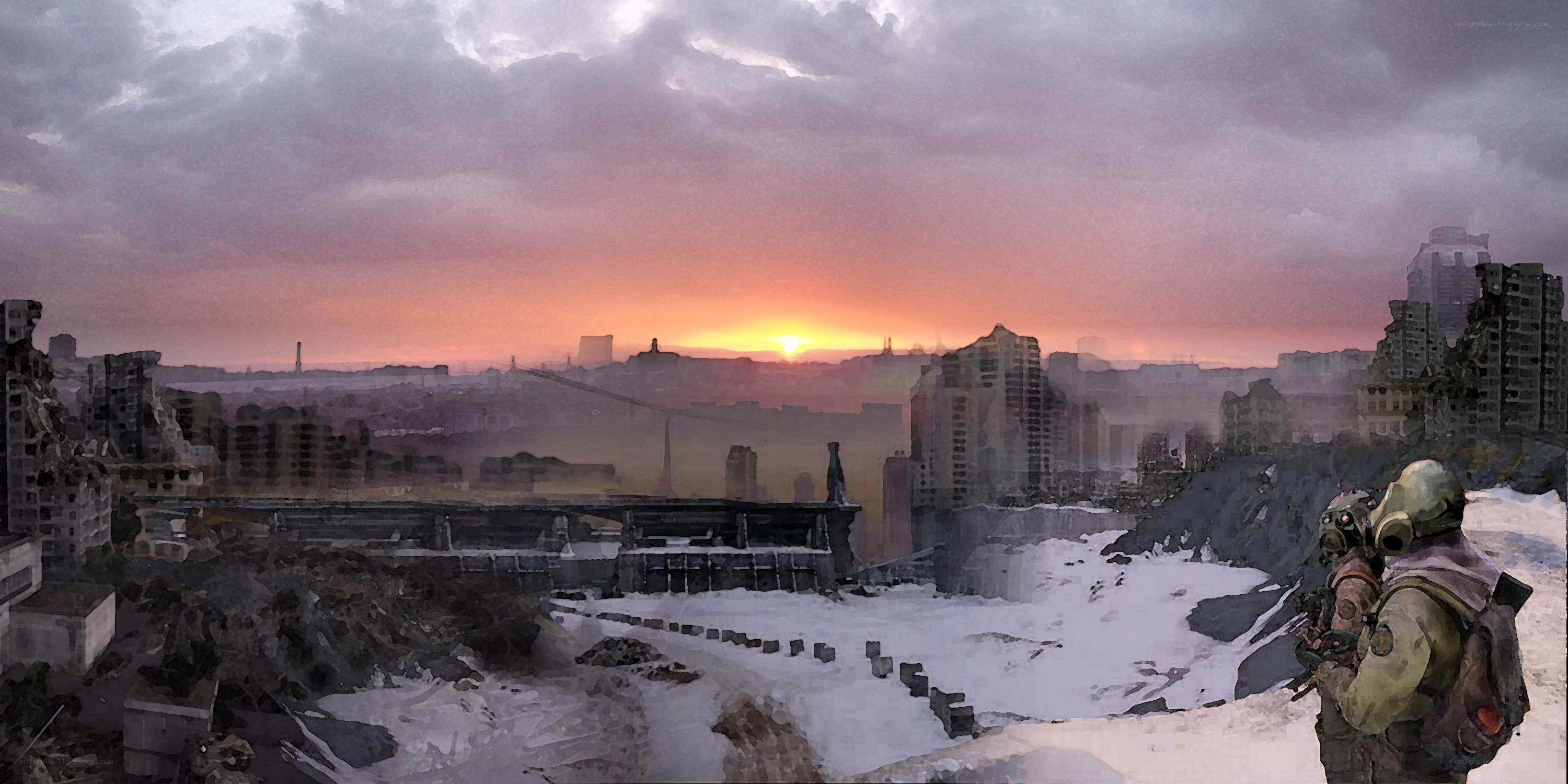 Post-apocalyptic city at sunset
