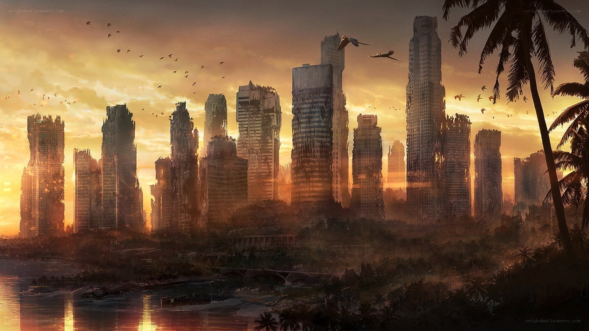 Post-apocalyptic city at sunset