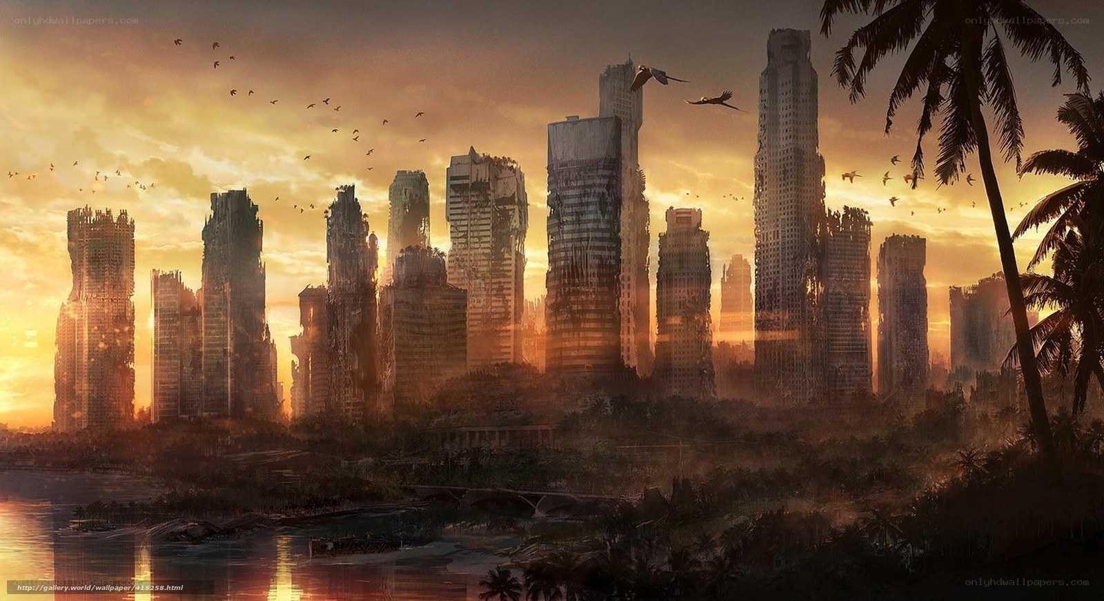 Post-apocalyptic city at sunset