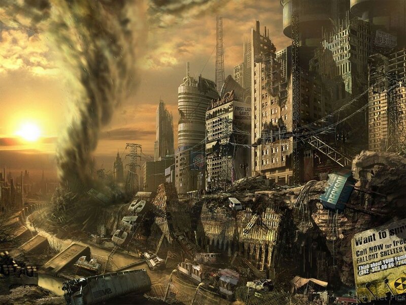 Post-apocalyptic City — Brown, Dramatic, Sunset, Digital Art, Skyscrapers, Debris