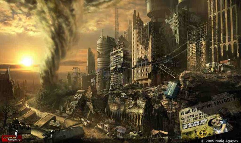Post-apocalyptic City — Brown, Dramatic, Sunset, Digital Art, Skyscrapers, Debris, Tornado, Orange