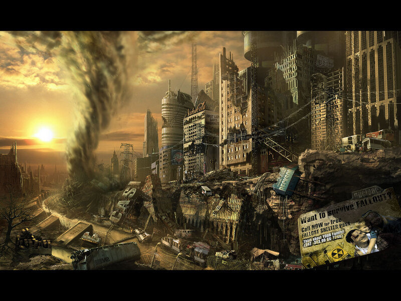 Post-apocalyptic City — Brown, Dramatic, Sunset, Digital Art, Skyscrapers, Debris, Tornado