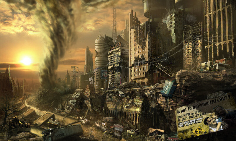 Post-apocalyptic City — Brown, Dramatic, Sunset, Digital Art, Skyscrapers