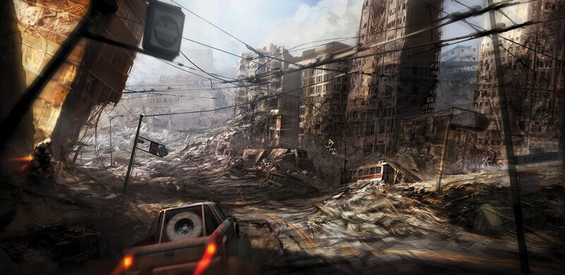 Post-apocalyptic City — Gray, Dramatic, Afternoon, Digital Art, Debris