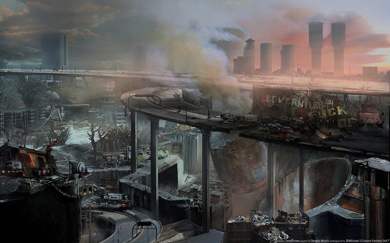 Post-apocalyptic City — Gray, Dramatic, Sunset, Digital Art, Smoke, Graffiti