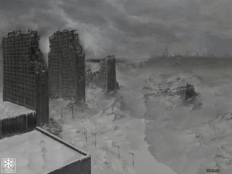 Post-apocalyptic city in snow