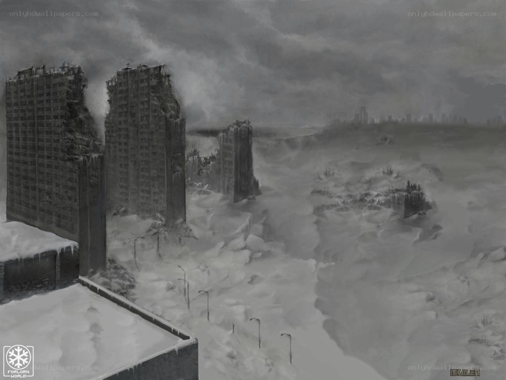 Post-apocalyptic city in snow