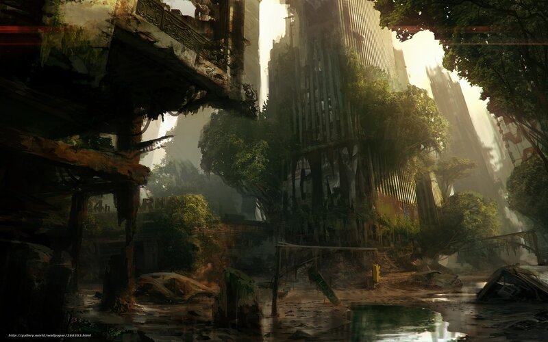 Post-apocalyptic city overgrown with nature