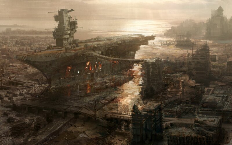 Post-apocalyptic city with aircraft carrier