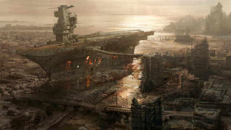 Post-apocalyptic city with aircraft carrier