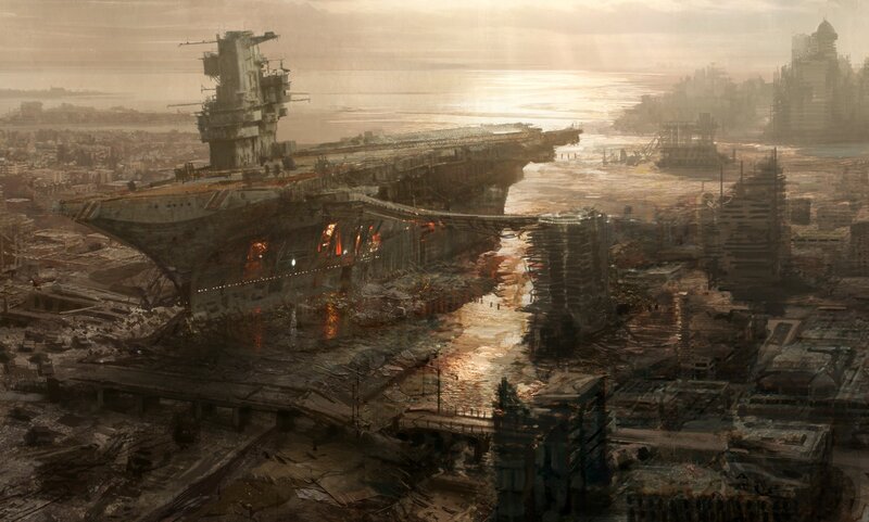 Post-apocalyptic city with aircraft carrier